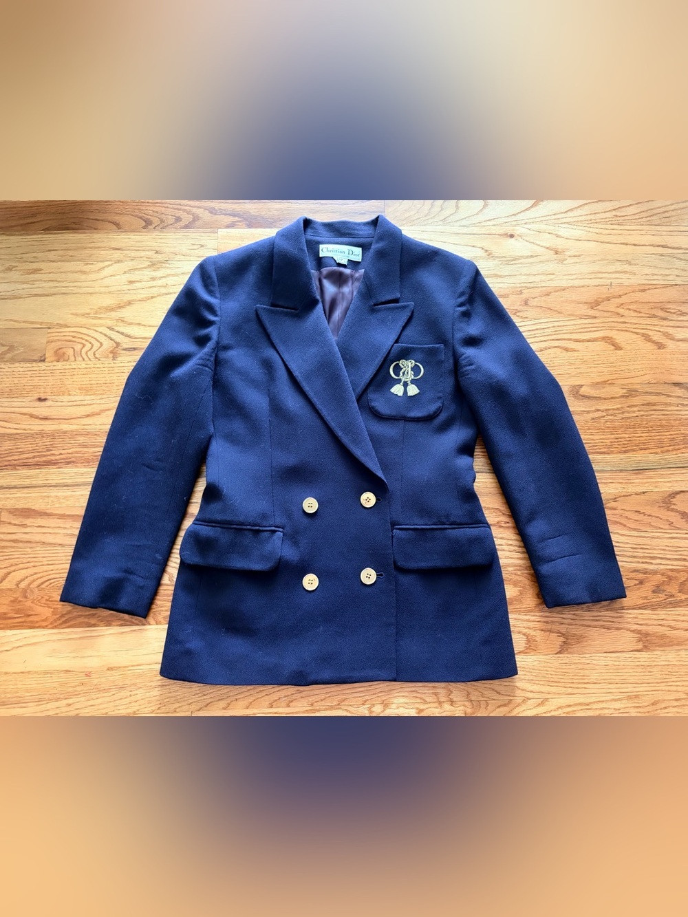 Dior Navy Double-Breasted Wool Blazer with Embroidered Crest